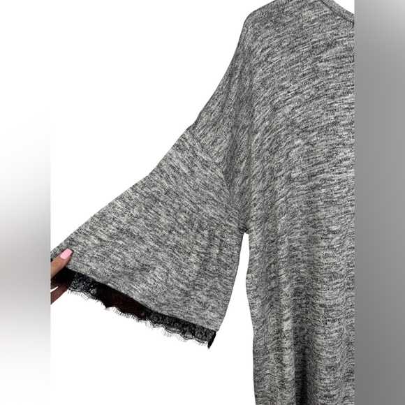 dressbarn Gray Marled Bell Sleeve Sweater with Black Lace Trim - Picture 4 of 5